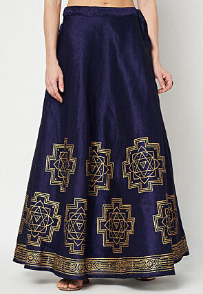 Golden Printed Dupion Silk Lehenga in Navy Blue