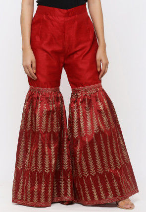 Golden Printed Dupion Silk Sharara in Maroon