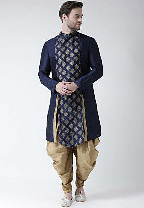 Golden Printed Dupion Silk Side Slit Dhoti Kurta in Navy Blue