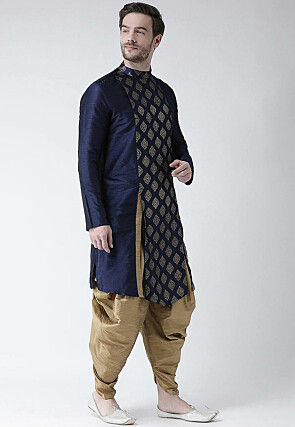 Golden Printed Dupion Silk Side Slit Dhoti Kurta in Navy Blue
