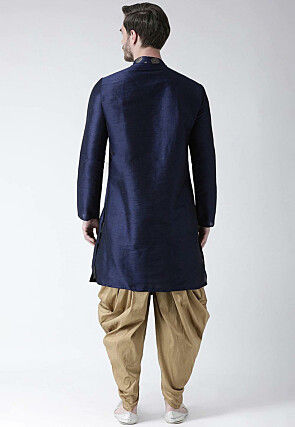 Golden Printed Dupion Silk Side Slit Dhoti Kurta in Navy Blue