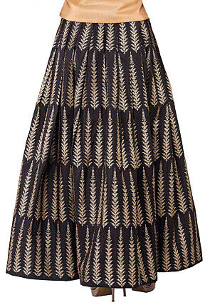 Golden Printed Pleated Dupion silk Skirt in Black
