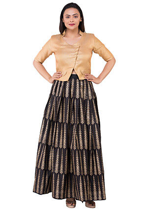 Golden Printed Pleated Dupion silk Skirt in Black
