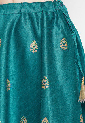 Golden Printed Dupion Silk Skirt in Teal Blue