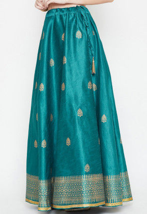 Golden Printed Dupion Silk Skirt in Teal Blue