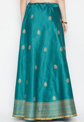 Golden Printed Dupion Silk Skirt in Teal Blue
