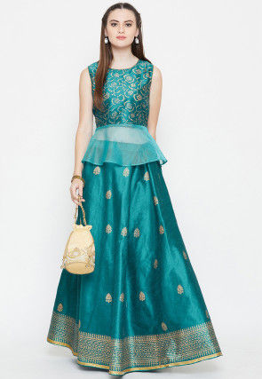 Golden Printed Dupion Silk Skirt in Teal Blue