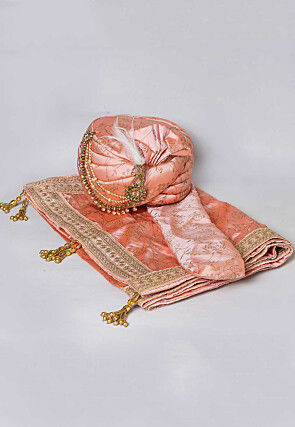 Golden Printed Dupion Silk Turban in Peach