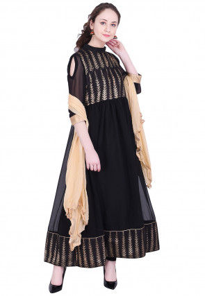 Golden Printed Georgette Anarkali Suit in Black