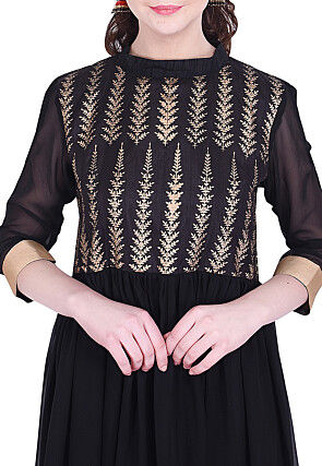 Golden Printed Georgette Anarkali Suit in Black
