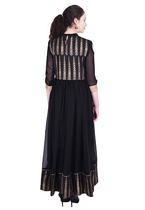 Golden Printed Georgette Anarkali Suit in Black
