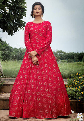 Golden Printed Georgette Flared Gown in Fuchsia