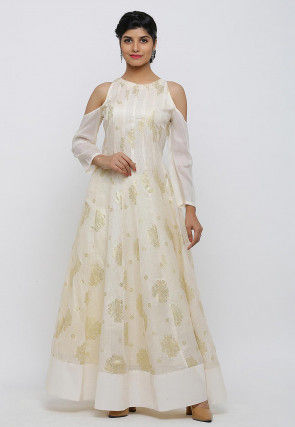 Golden Printed Kota Silk Gown in Cream