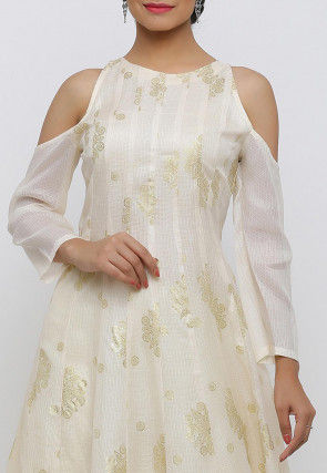 Golden Printed Kota Silk Gown in Cream