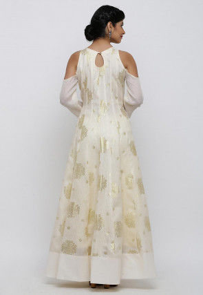 Golden Printed Kota Silk Gown in Cream