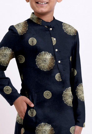 Golden Printed Kota Silk Kurta Set in Black