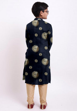 Golden Printed Kota Silk Kurta Set in Black