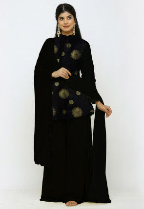 Golden Printed Kota Silk Pakistani Suit in Black