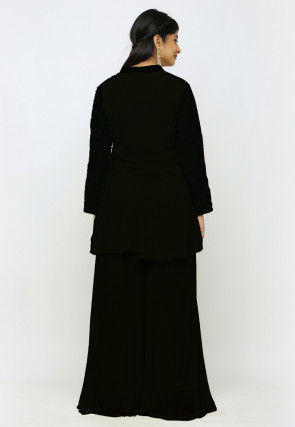 Golden Printed Kota Silk Pakistani Suit in Black