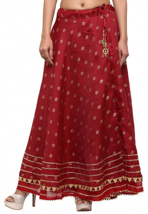 Golden Printed Kota Silk Skirt in Maroon