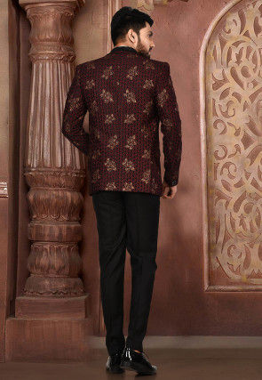 Golden Printed Polyester Lycra Tuxedo in Black and Maroon