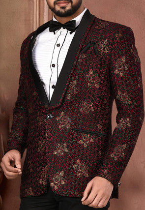 Golden Printed Polyester Lycra Tuxedo in Black and Maroon