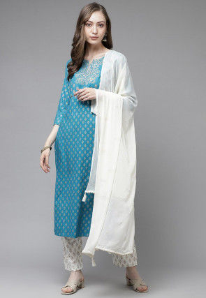 Golden Printed Pure Cotton Pakistani Suit in Light Blue