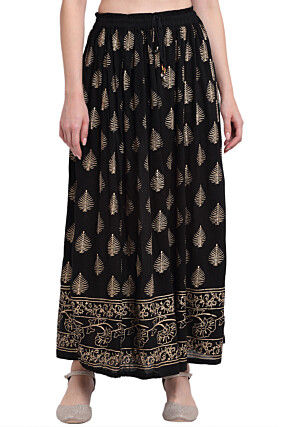Golden Printed Pure Cotton Skirt in Black