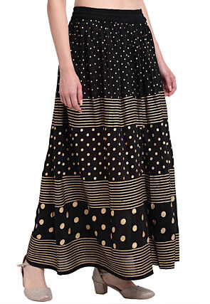 Golden Printed Pure Cotton Skirt in Black