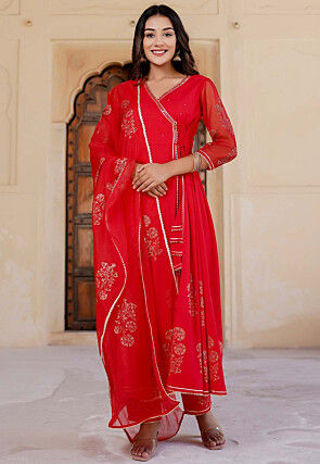 Golden Printed Rayon Angrakha Style Pakistani Suit in Red