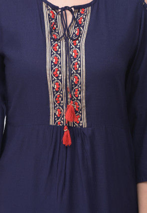 Golden Printed Rayon Cotton Straight Kurta in Navy Blue