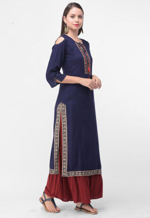 Golden Printed Rayon Cotton Straight Kurta in Navy Blue