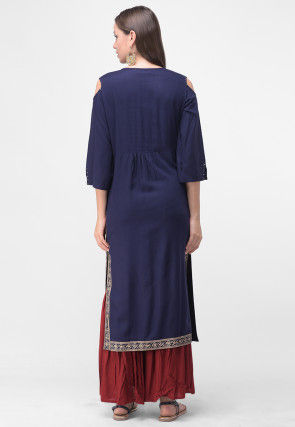 Golden Printed Rayon Cotton Straight Kurta in Navy Blue
