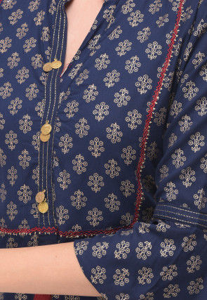 Golden Printed Rayon Cotton Straight Kurta in Navy Blue