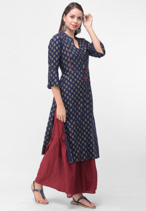 Golden Printed Rayon Cotton Straight Kurta in Navy Blue