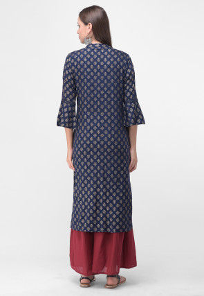Golden Printed Rayon Cotton Straight Kurta in Navy Blue