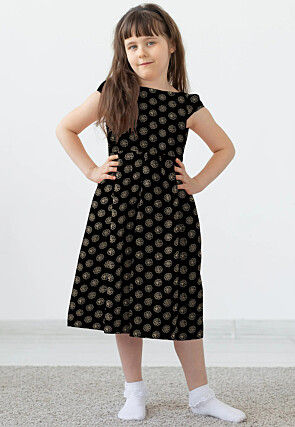 Golden Printed Rayon Dress in Black