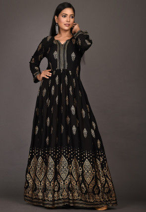 Golden Printed Rayon Gown in Black