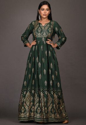 Golden Printed Rayon Gown in Dark Green