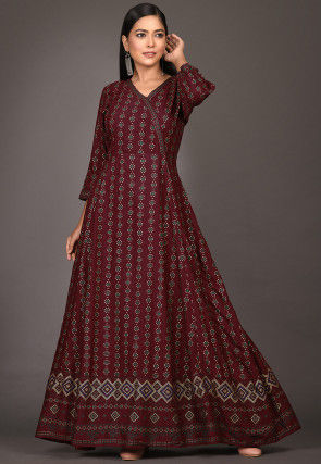 Golden Printed Rayon Gown in Wine