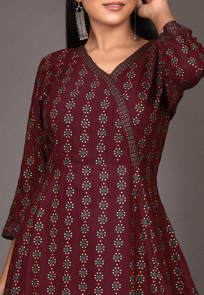 Golden Printed Rayon Gown in Wine