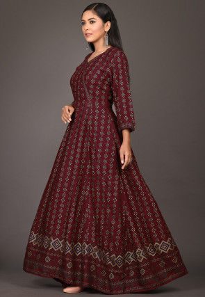 Golden Printed Rayon Gown in Wine