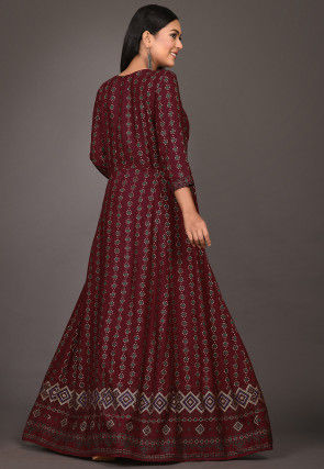 Golden Printed Rayon Gown in Wine