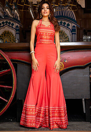 Golden Printed Rayon Jumpsuit in Coral Pink