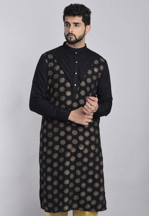 Golden Printed Rayon Kurta in Black