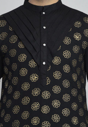 Golden Printed Rayon Kurta in Black