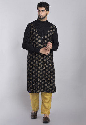 Golden Printed Rayon Kurta in Black