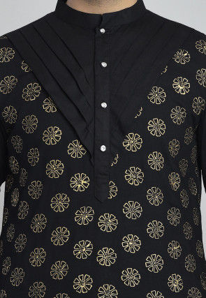 Golden Printed Rayon Kurta Set in Black