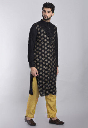 Golden Printed Rayon Kurta Set in Black