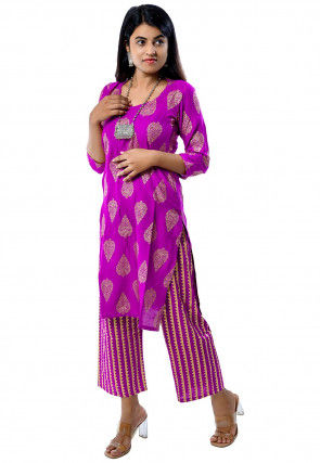 Golden Printed Rayon Kurta with Pant in Purple